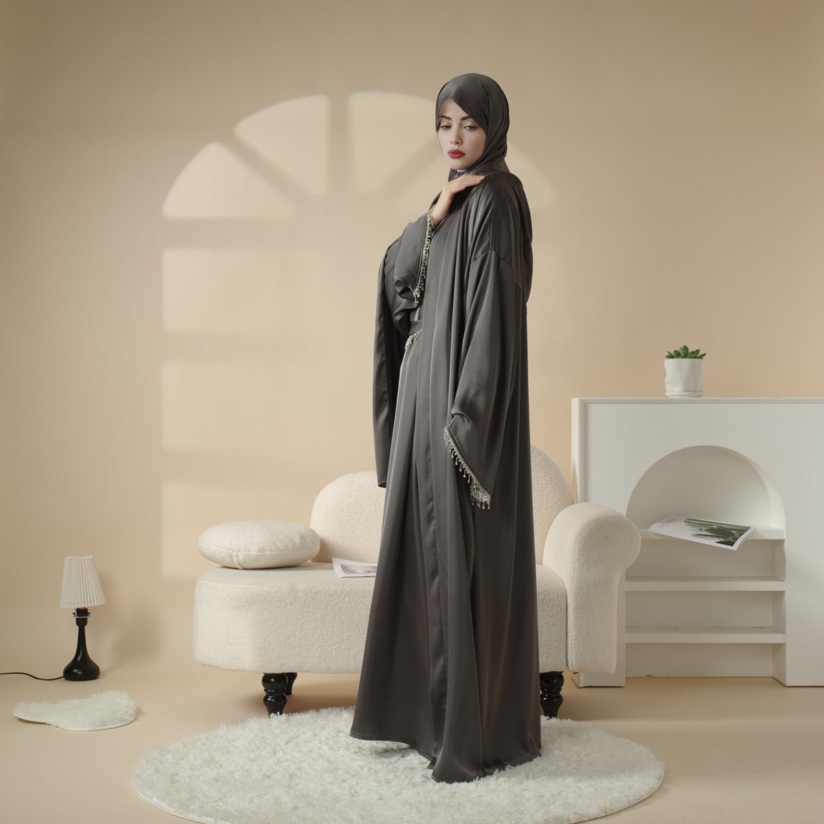 Satin Abaya With Matching Belt Made Of Diamond Tassel (MOA010) - Mariam's Collection