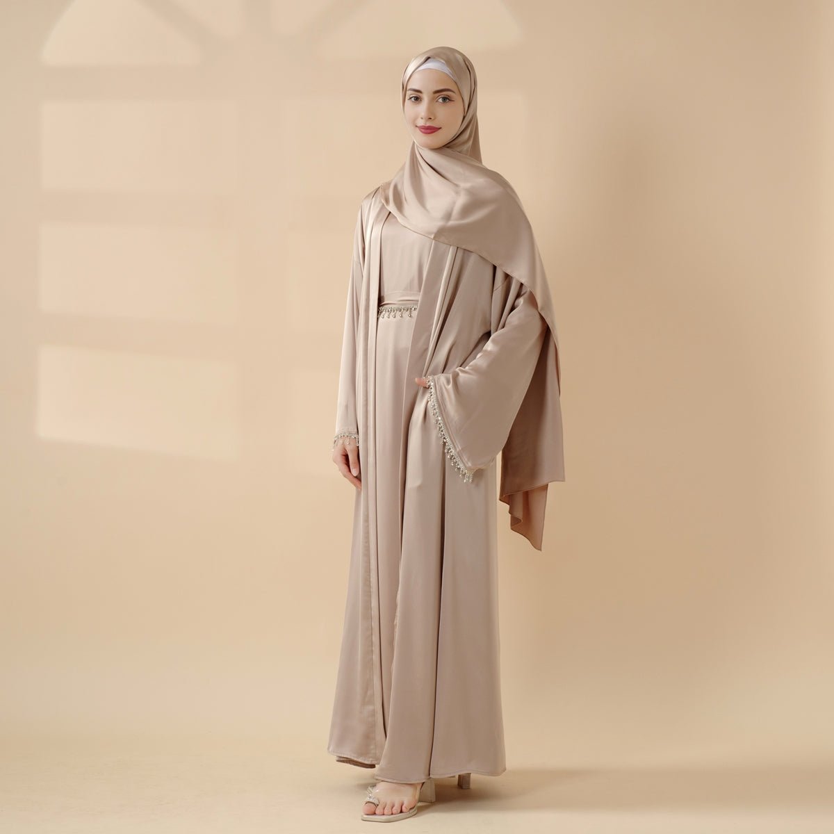 Satin Abaya With Matching Belt Made Of Diamond Tassel (MOA010) - Mariam's Collection