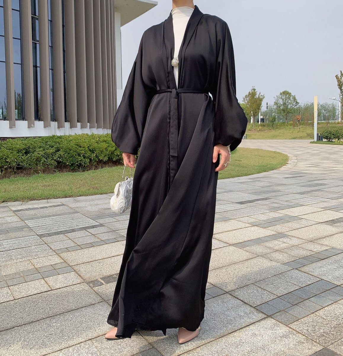 Satin Bunched Sleeve Open Abaya (MOA048) - Mariam's Collection