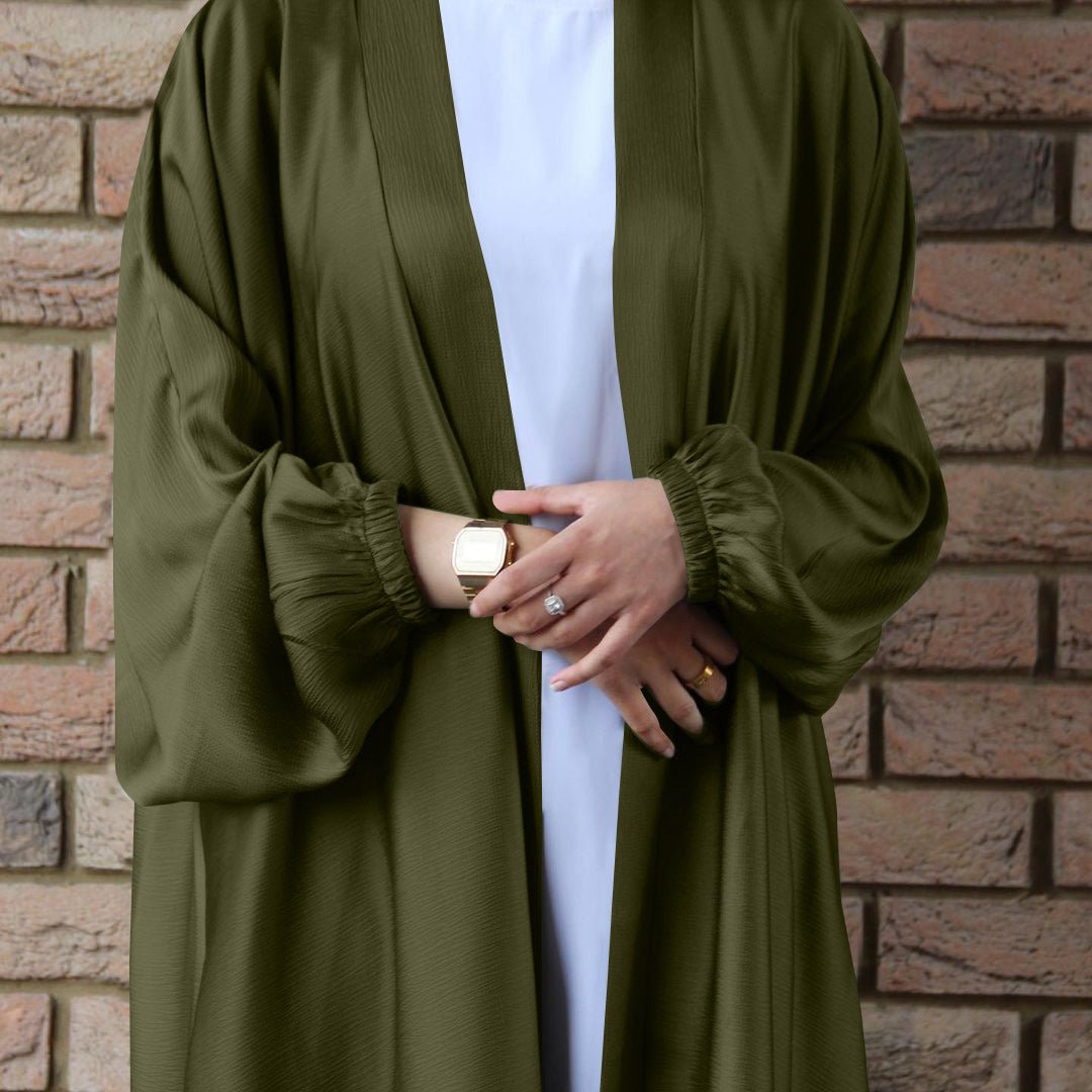 Satin Bunched Sleeve Open Abaya (MOA048) - Mariam's Collection
