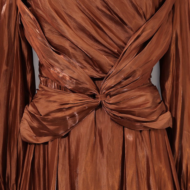 Satin Diagonal Pleat Dress with Bow Waist(MS324) - Mariam's Collection