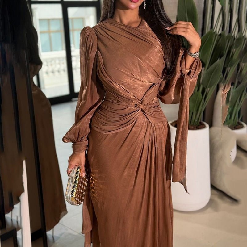 Satin Diagonal Pleat Dress with Bow Waist(MS324) - Mariam's Collection