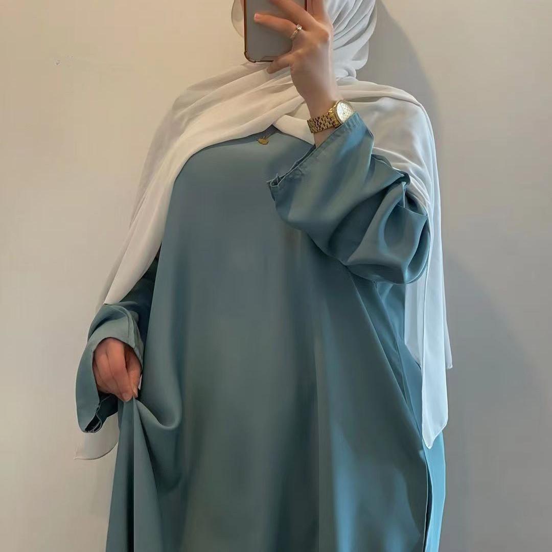 Satin Double Pocket Concealed Button Plain Abaya (MA030) - Mariam's Collection