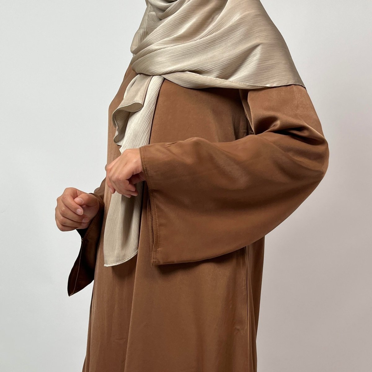 Satin Double Pocket Concealed Button Plain Abaya (MA030) - Mariam's Collection