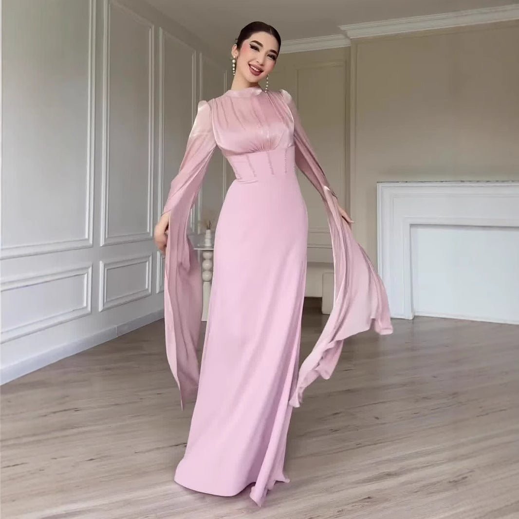 Satin Dress with Corset Back & Cape Sleeves(MS344) - Mariam's Collection