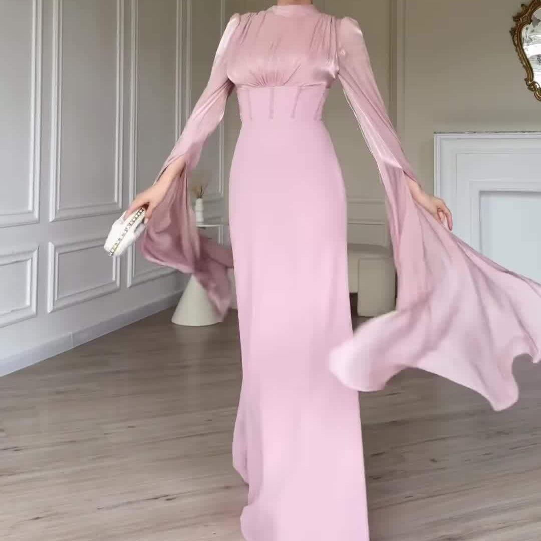 Satin Dress with Corset Back & Cape Sleeves(MS344) - Mariam's Collection