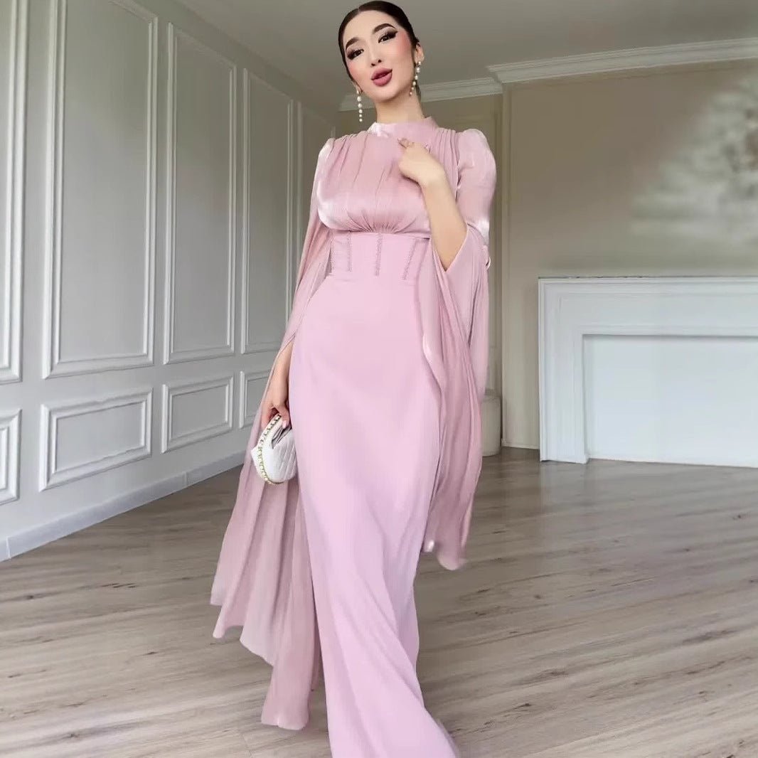 Satin Satin Dress with Corset Back & Cape Sleeves with Corset Back & Cape Sleeves(MS344) - Mariam's Collection