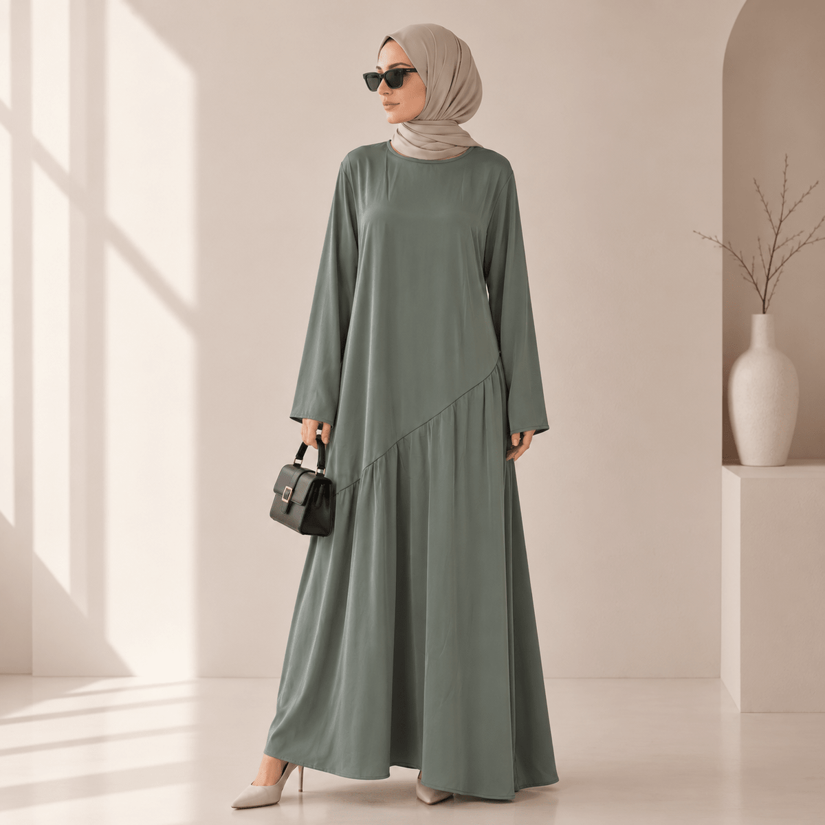 Satin-Effect Cross-Tie Waist Maxi Dress - MP071 - Mariam's Collection