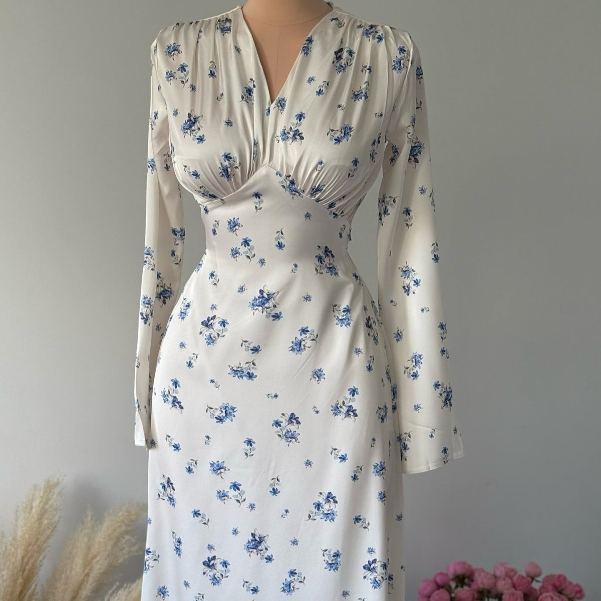 Bell sleeve detail with gathered cuff on ivory satin floral maxi dress