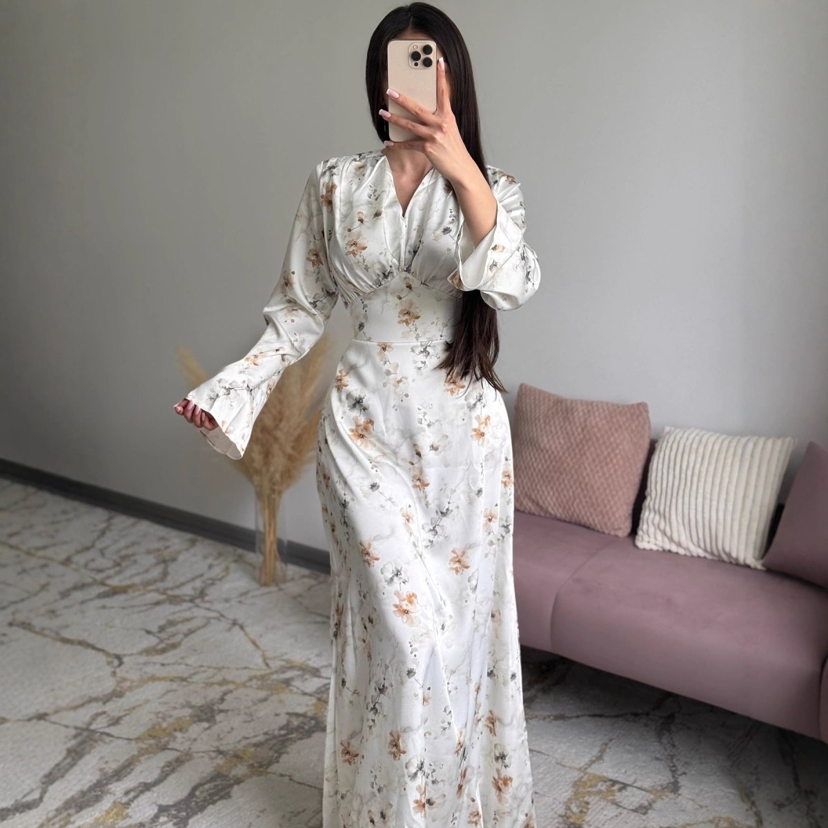 Satin Floral Print V-Neck Maxi Dress(MS378) Brown Print / XL
