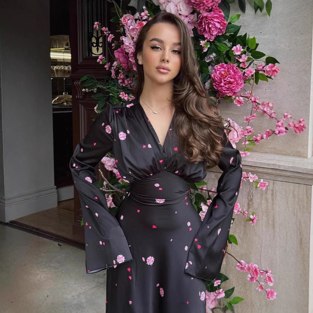 Satin Floral Print Wrap Dress(MS377) - Mariam's Collection