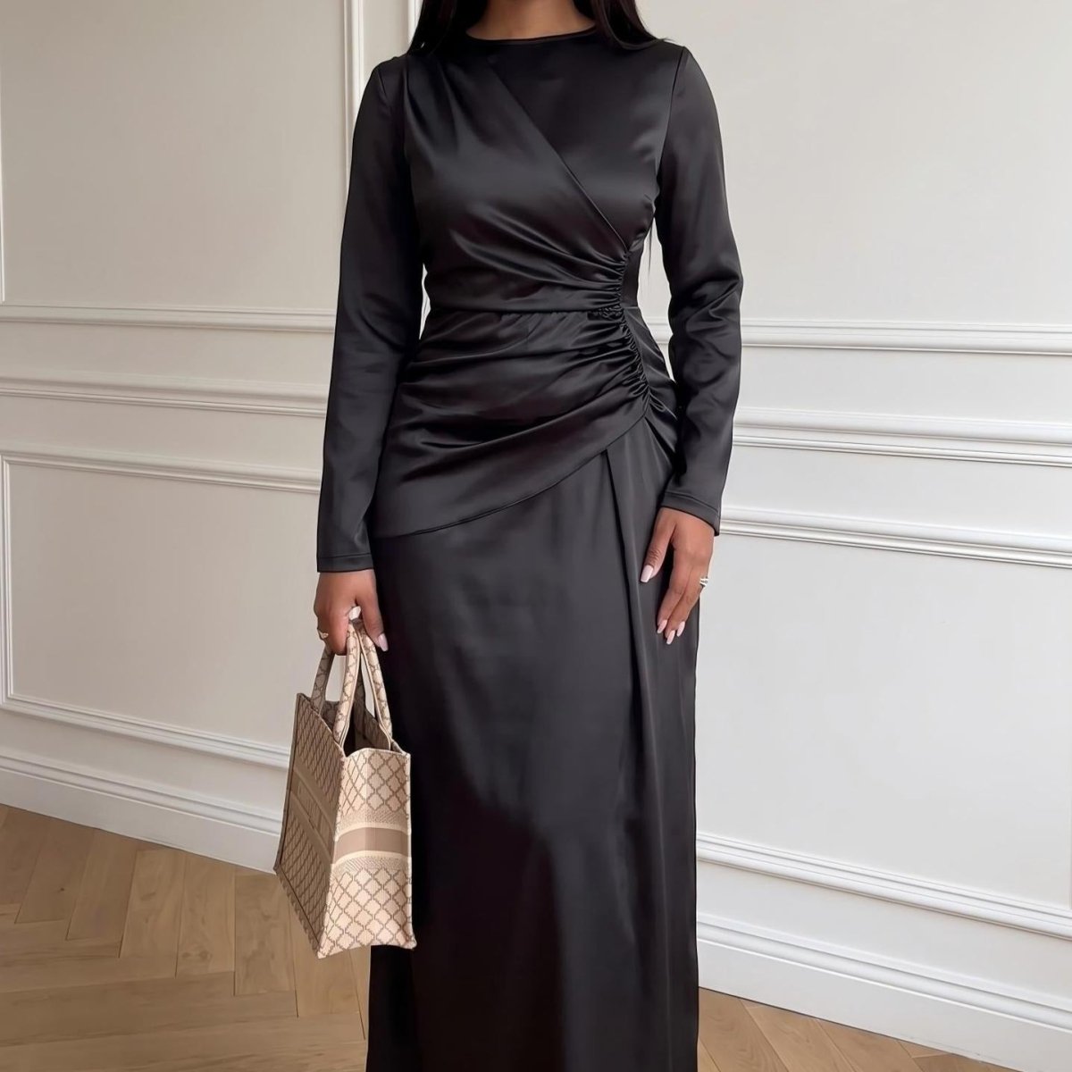 Satin Ruched Waist Long Sleeve Maxi Dress(MS497) - Mariam's Collection