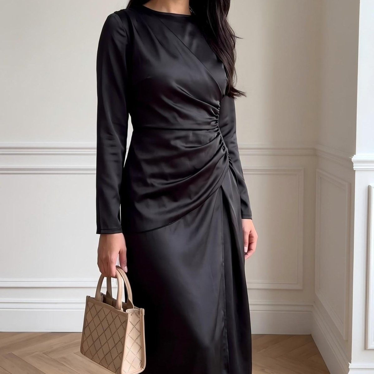 Satin Ruched Waist Long Sleeve Maxi Dress(MS497) - Mariam's Collection