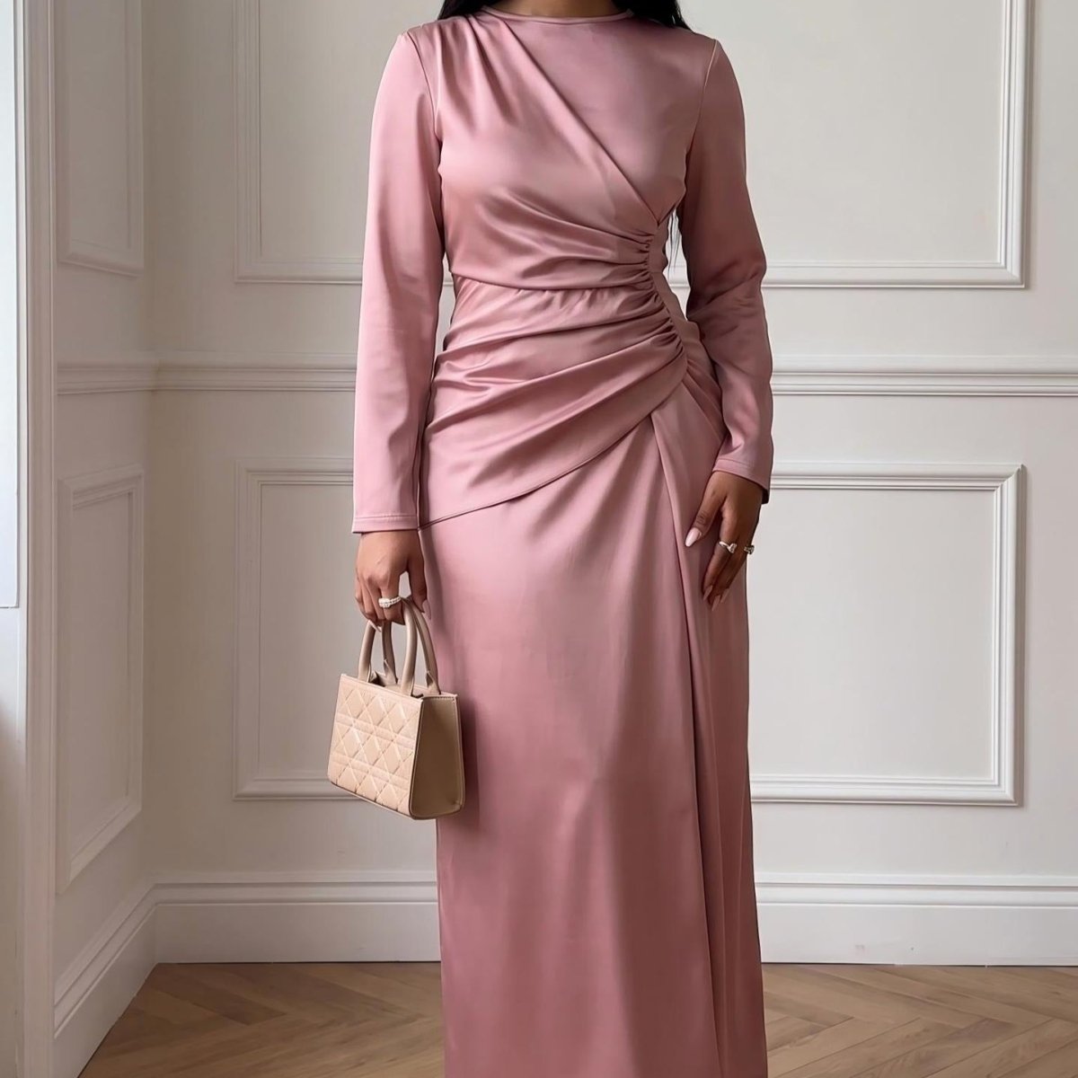 Satin Ruched Waist Long Sleeve Maxi Dress(MS497) - Mariam's Collection