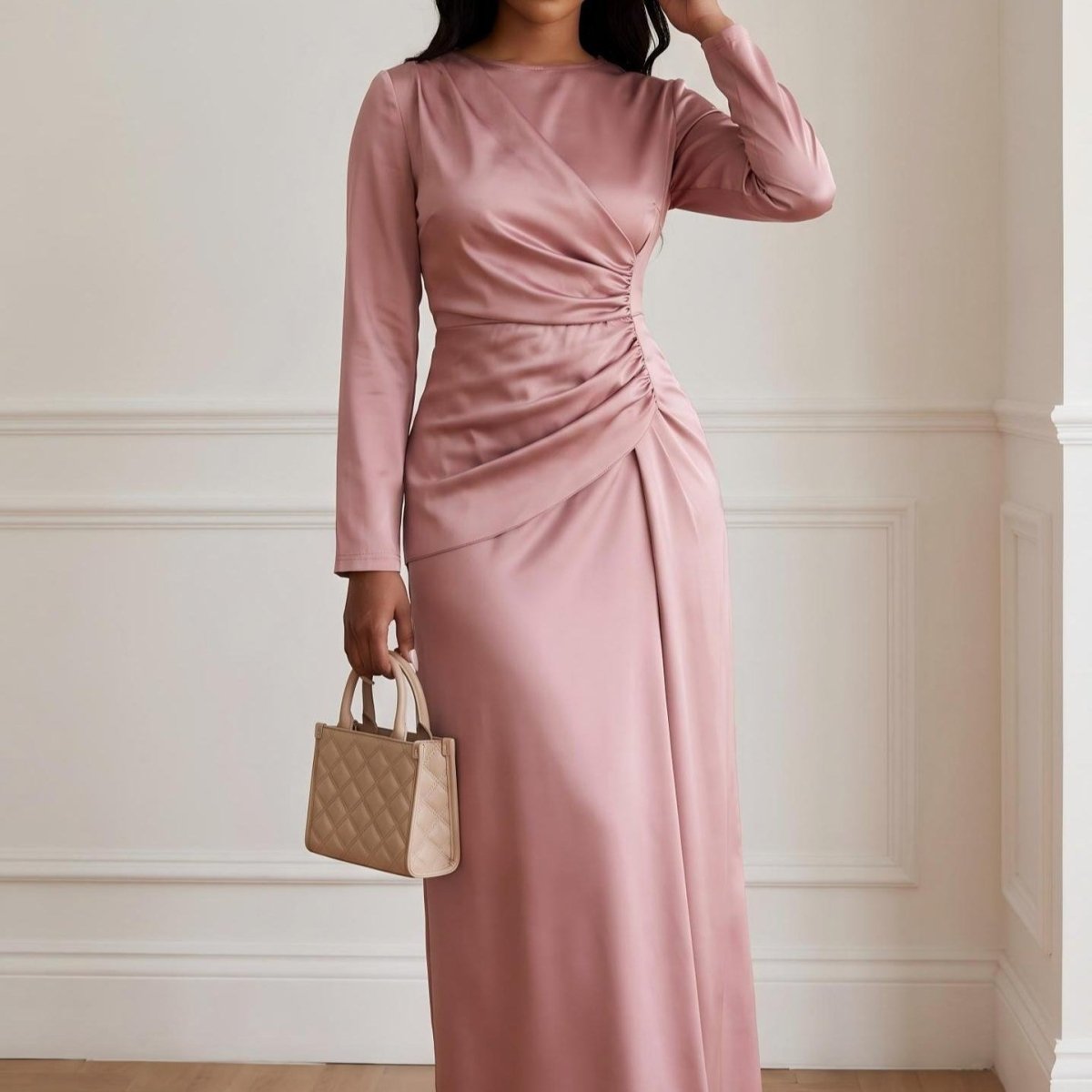 Satin Ruched Waist Long Sleeve Maxi Dress(MS497) - Mariam's Collection