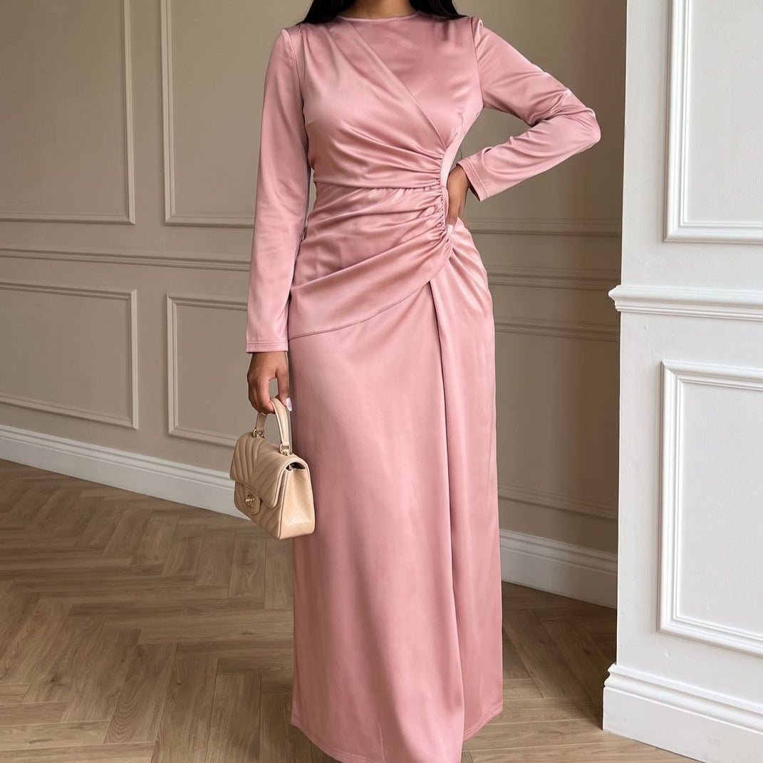 ruched waist maxi dress Satin Long Sleeve Dress(MS497), Pink / XL Neck Size:18