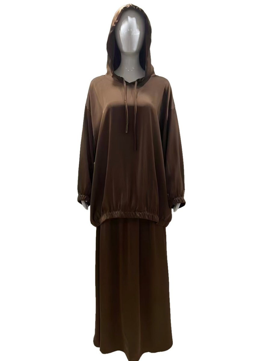 Satin Two - Piece Set with Hooded Top & Maxi Skirt(MS348) - Mariam's Collection