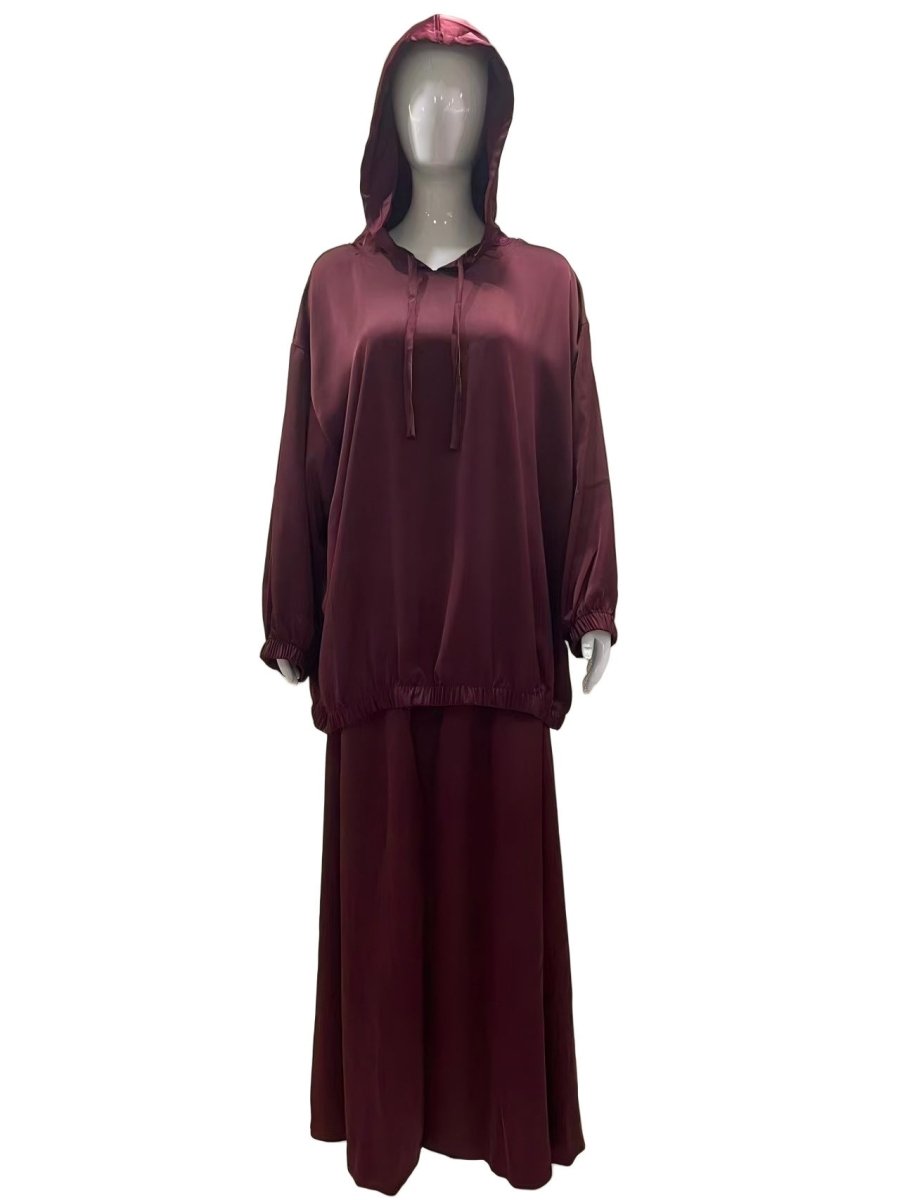 Satin Two - Piece Set with Hooded Top & Maxi Skirt(MS348) - Mariam's Collection