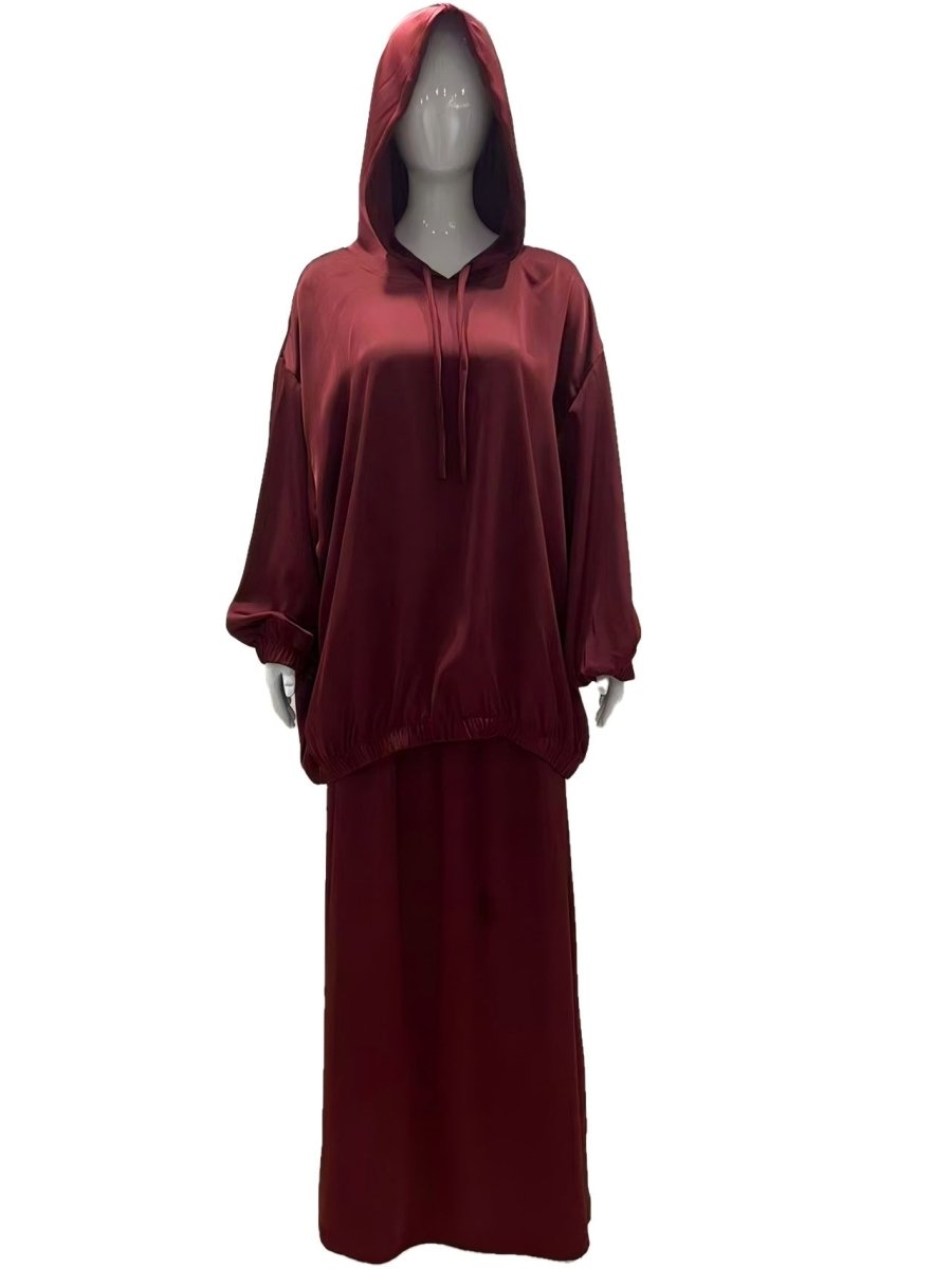 Satin Two - Piece Set with Hooded Top & Maxi Skirt(MS348) - Mariam's Collection