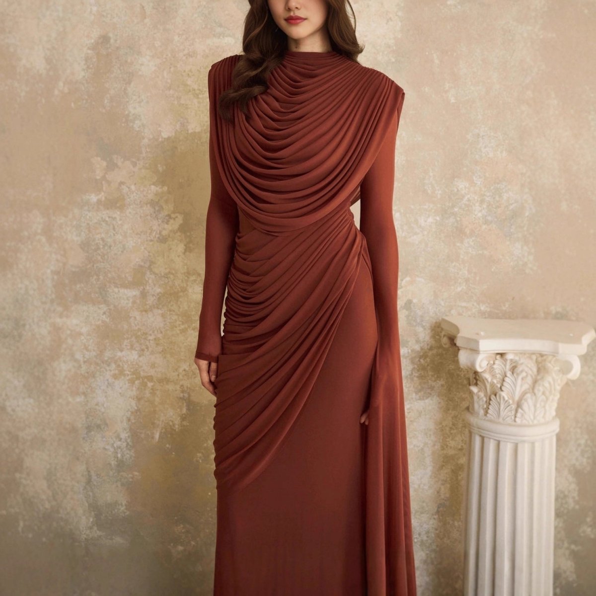 Sculptural Pleated Formal Dress – Cowl Neck Maxi Gown
