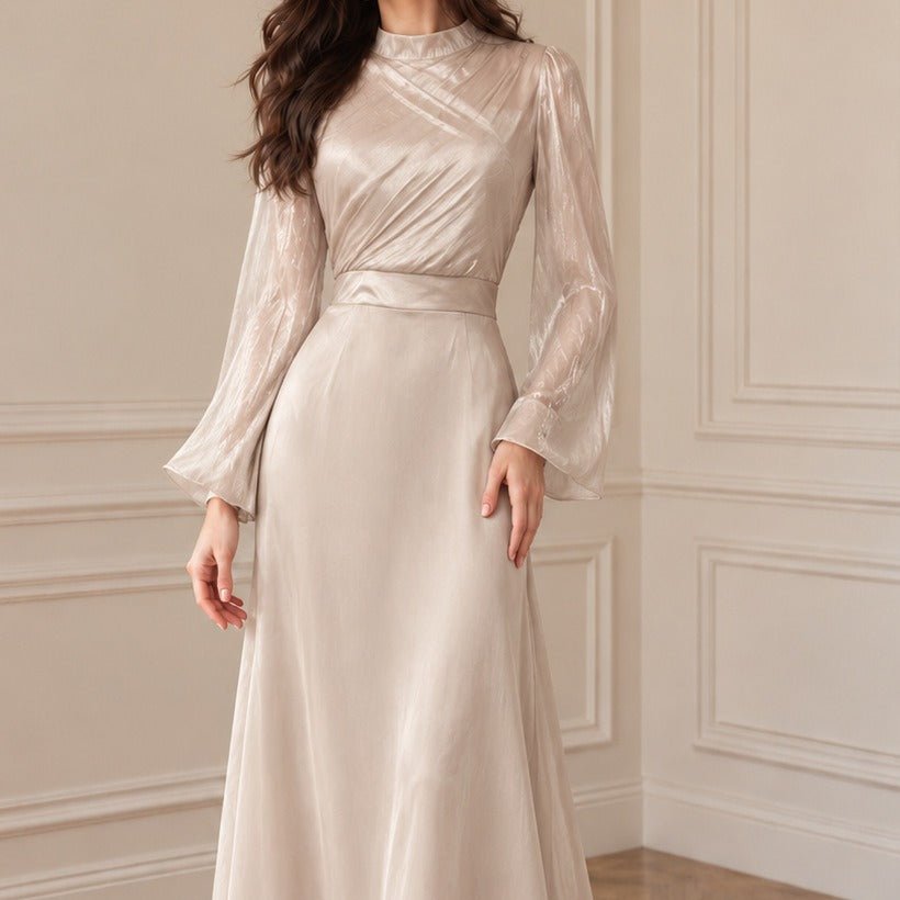 Semi-Sheer Sleeve Waist-Defined Maxi Dress | Elegant A-Line Occasion Gown(MS575) - Mariam's Collection
