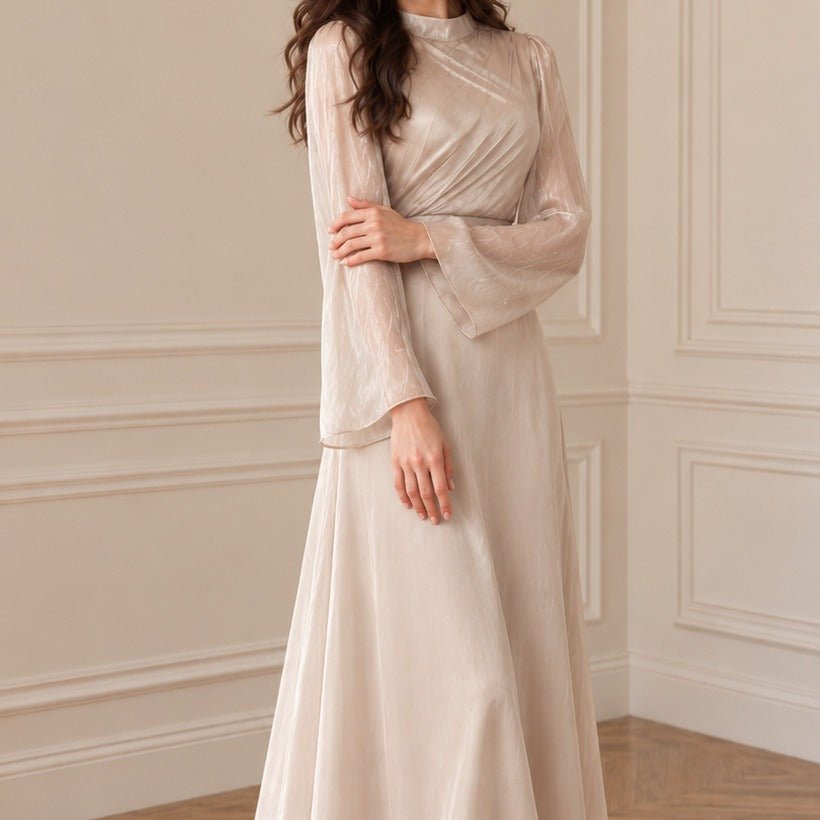 Semi-Sheer Sleeve Waist-Defined Maxi Dress | Elegant A-Line Occasion Gown(MS575) - Mariam's Collection