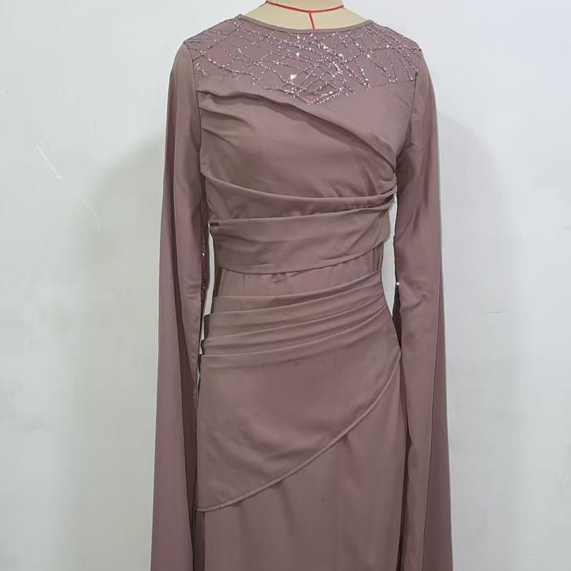 Sequin Embellished Formal Dress | Long Sleeve Ruched Bodycon Dress(MS272) - Mariam's Collection