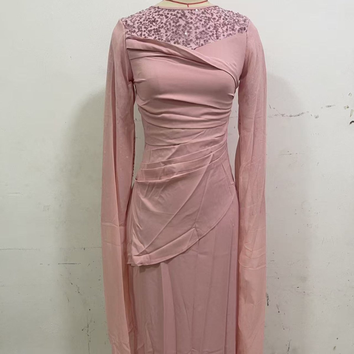 Sequin Embellished Formal Dress | Long Sleeve Ruched Bodycon Dress(MS272) - Mariam's Collection
