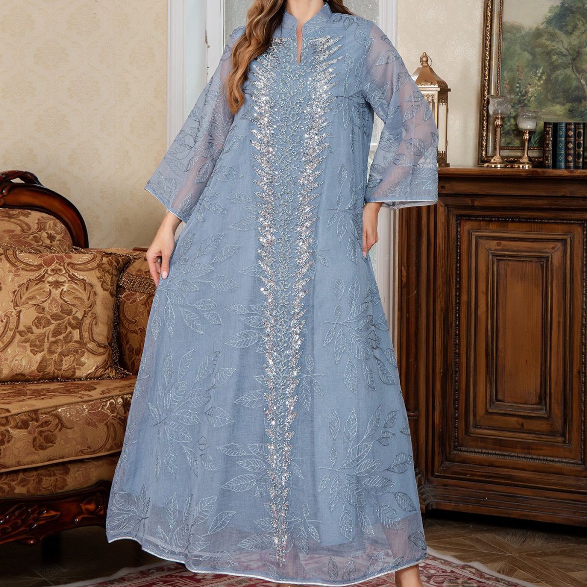 Sequin Embroidered Mesh Abaya Sparkling Modest Evening Gown Sequin Embroidered Mesh Abaya Sparkling Modest Evening Gown