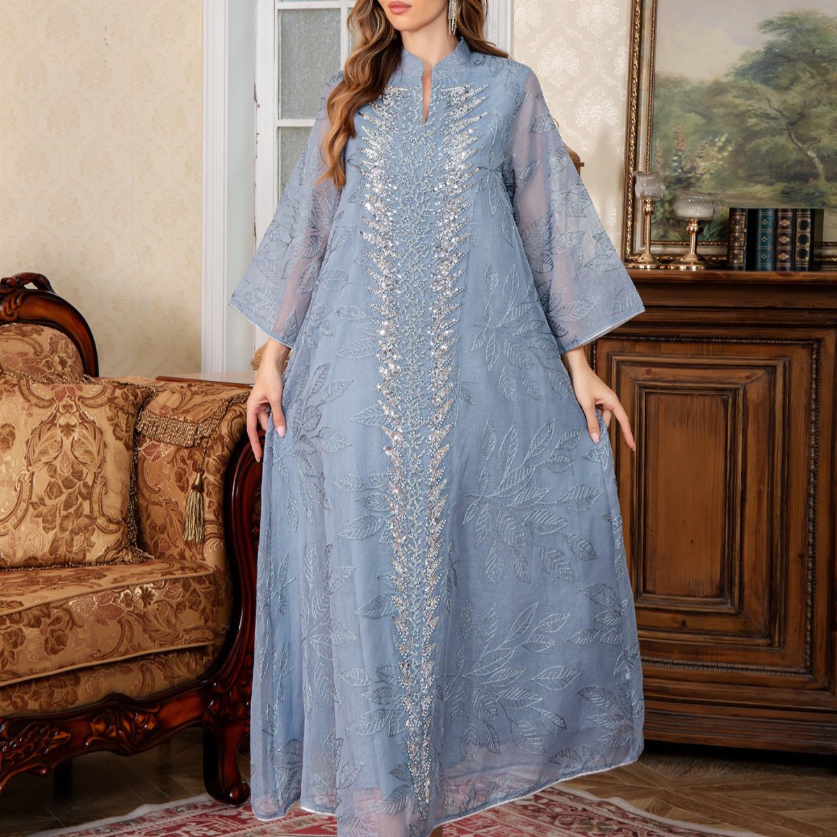 Sequin Embroidered Mesh Abaya(MA413) - Mariam's Collection
