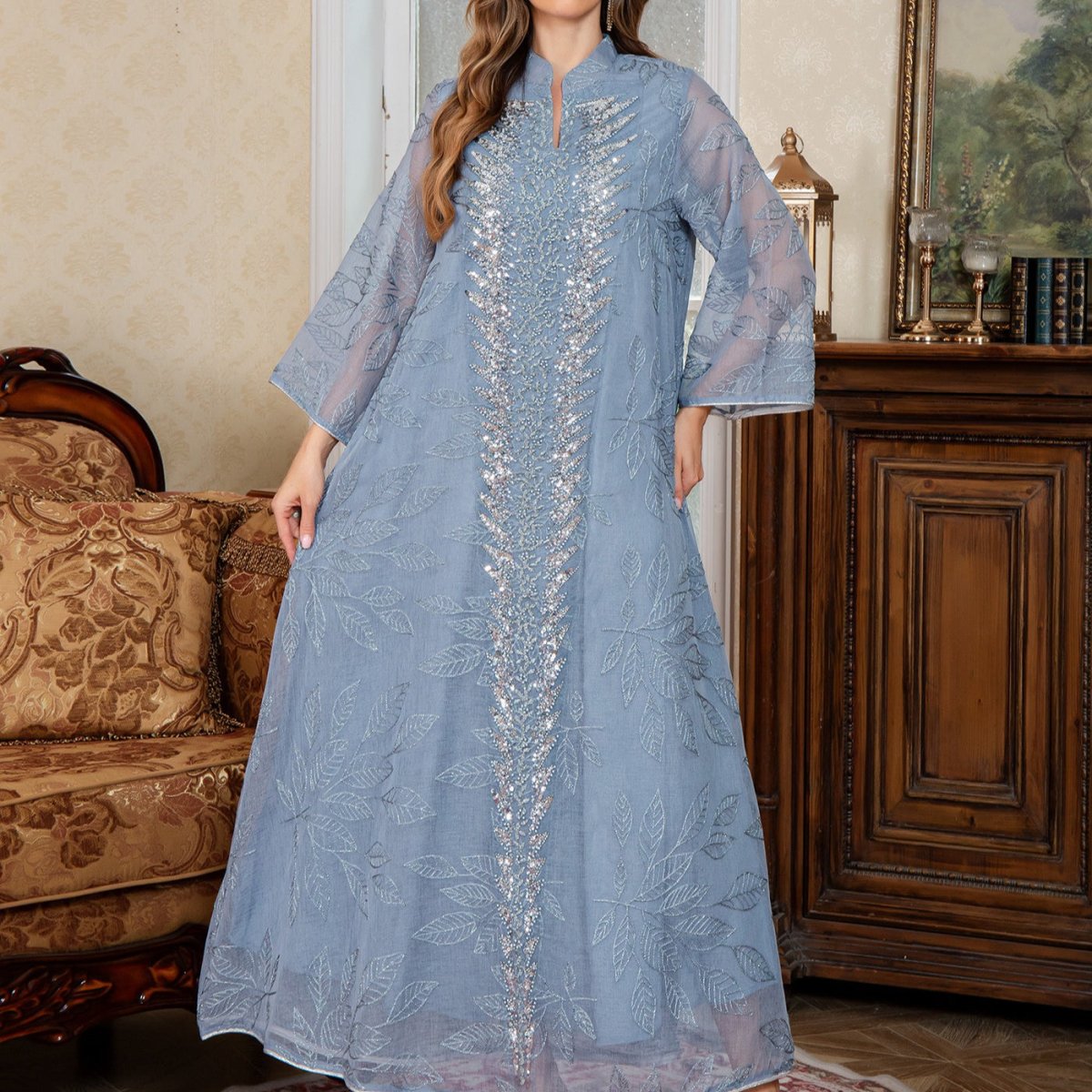 Sequin Embroidered Mesh Abaya(MA413) - Mariam's Collection