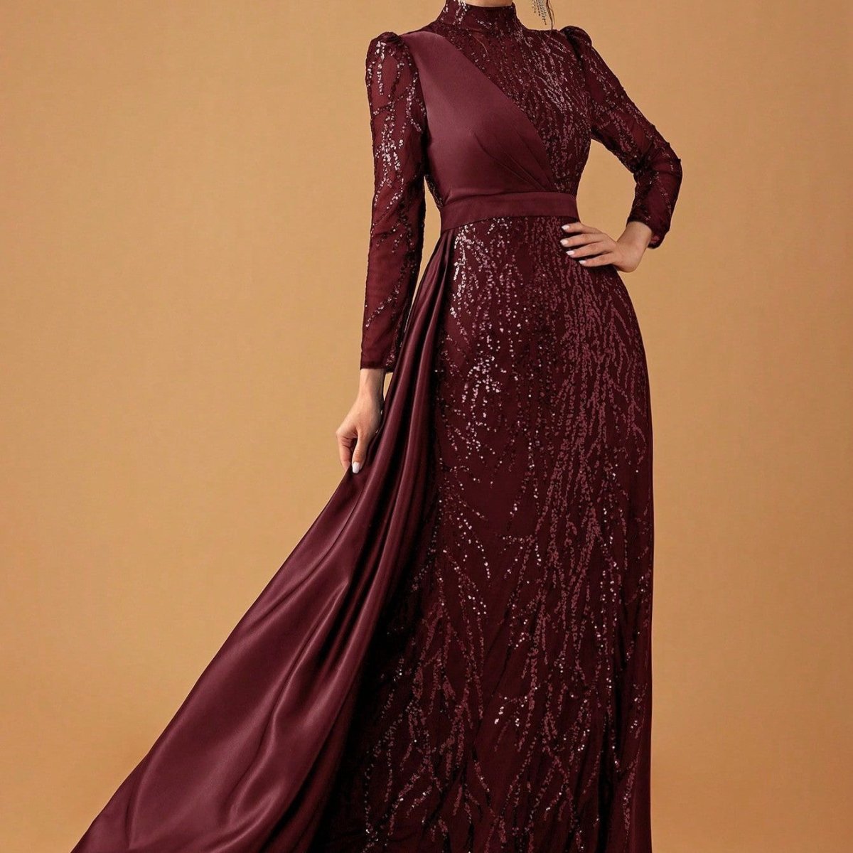 Sequin & Satin Cape Gown | High Neck Evening Dress(MA347) - Mariam's Collection
