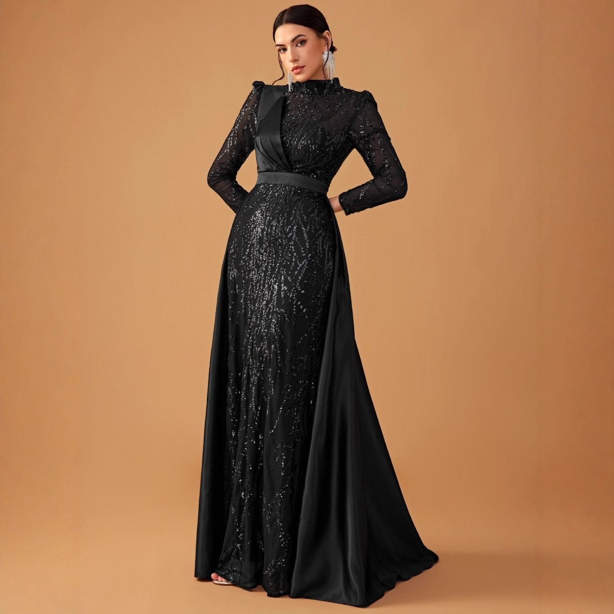 Sequin & Satin Cape Gown | High Neck Evening Dress(MA347) - Mariam's Collection