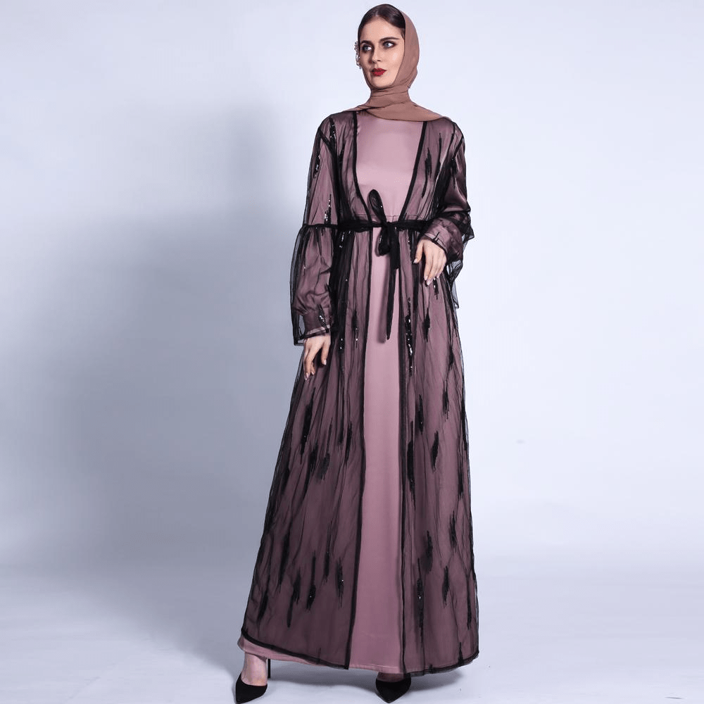 Sequins Satin 2 Pieces Pocket Abaya Set (MA025) - Mariam's Collection