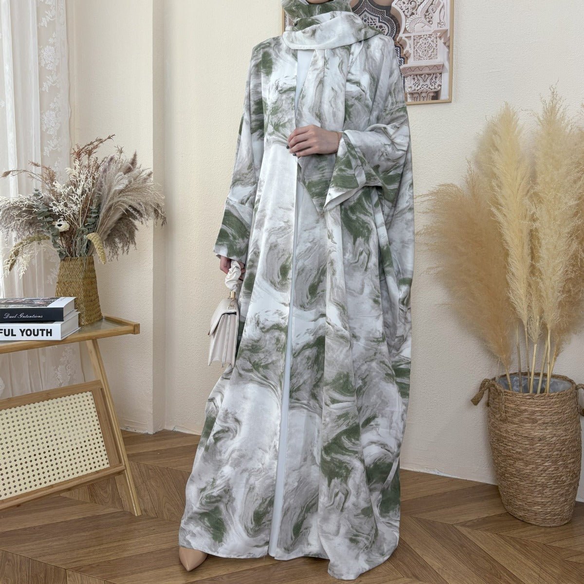 Serene Ink Wash Abaya Collection | Watercolor Print Cardigan with Matching Hijab. (MOA178) - Mariam's Collection