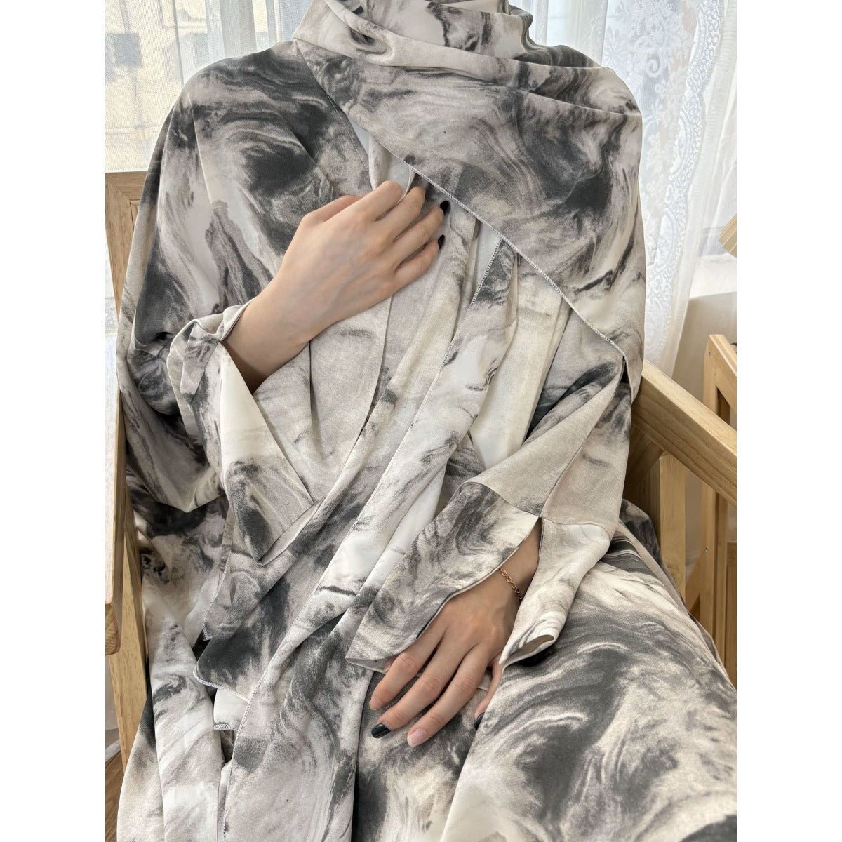 Serene Ink Wash Abaya Collection | Watercolor Print Cardigan with Matching Hijab. (MOA178) - Mariam's Collection