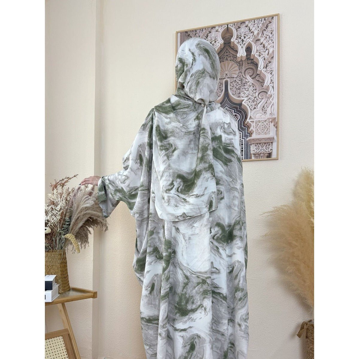 Serene Ink Wash Abaya Collection | Watercolor Print Cardigan with Matching Hijab. (MOA178) - Mariam's Collection