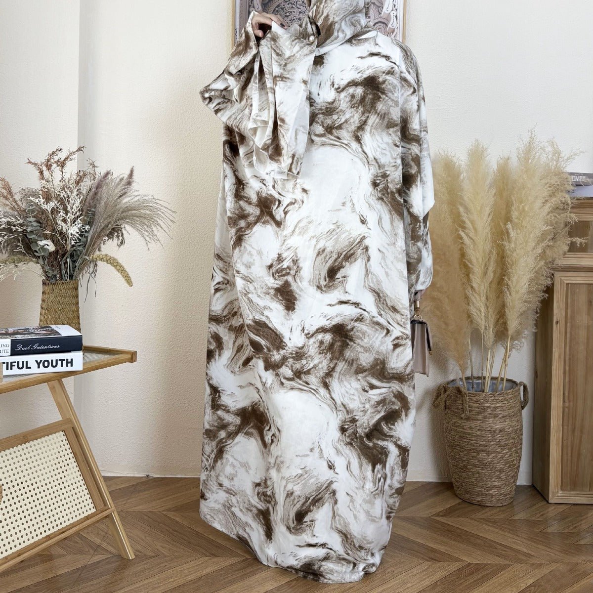 Serene Ink Wash Abaya Collection | Watercolor Print Cardigan with Matching Hijab. (MOA178) - Mariam's Collection