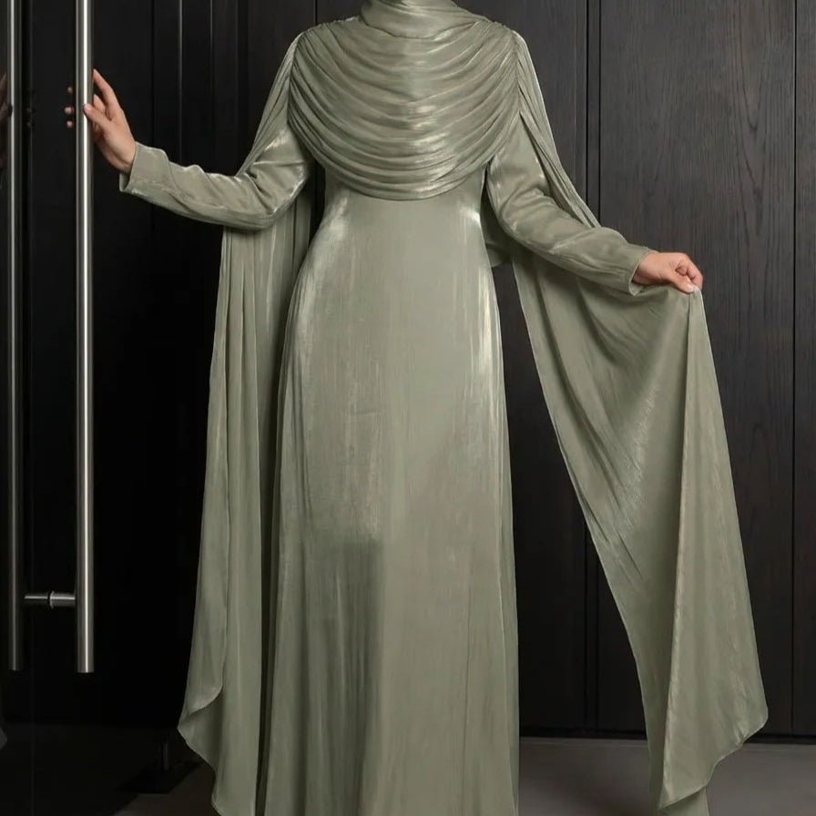 Shimmer Island Silk Cape Sleeve Abaya Dress with Matching Hijab(MA429) - Mariam's Collection