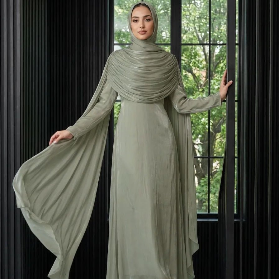 Shimmer Island Silk Cape Sleeve Abaya Dress with Matching Hijab(MA429) - Mariam's Collection