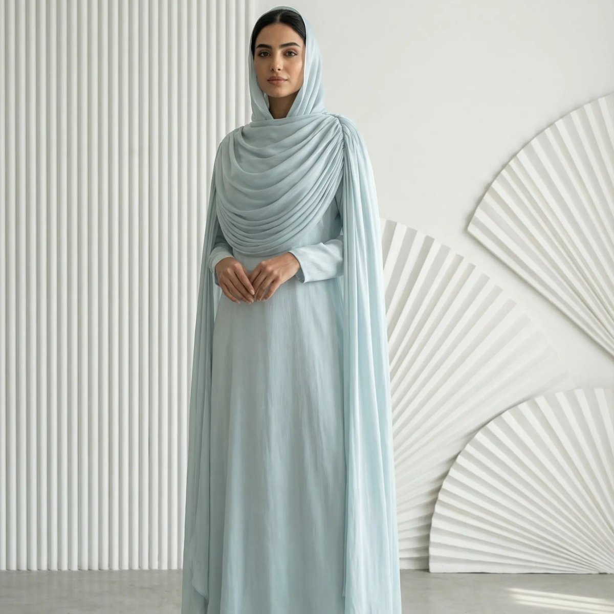 Shimmer Island Silk Cape Sleeve Abaya Dress with Matching Hijab(MA429) - Mariam's Collection