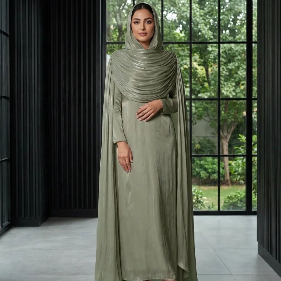 Shimmer Island Silk Cape Sleeve Abaya Dress with Matching Hijab(MA429) - Mariam's Collection