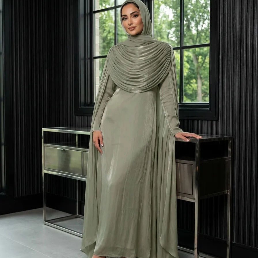 Shimmer Island Silk Cape Sleeve Abaya Dress with Matching Hijab(MA429) - Mariam's Collection