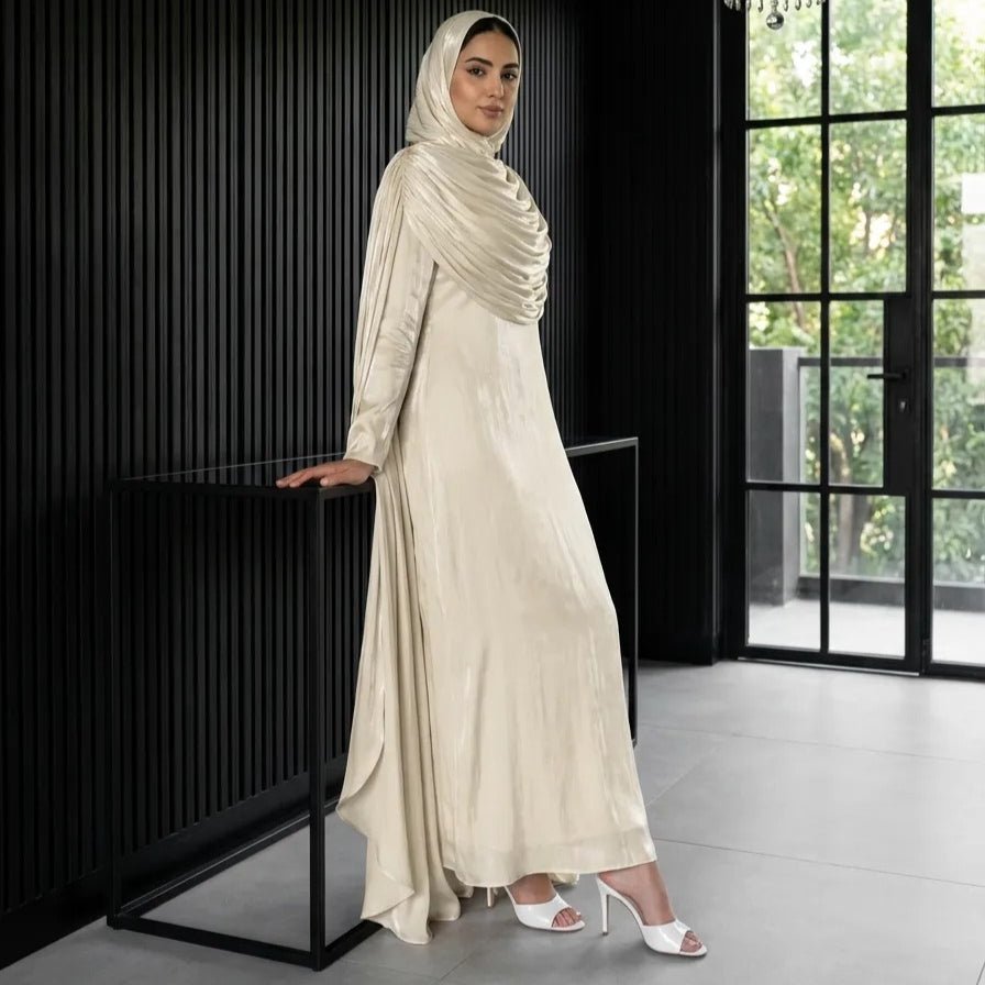 Shimmer Island Silk Cape Sleeve Abaya Dress with Matching Hijab(MA429) - Mariam's Collection