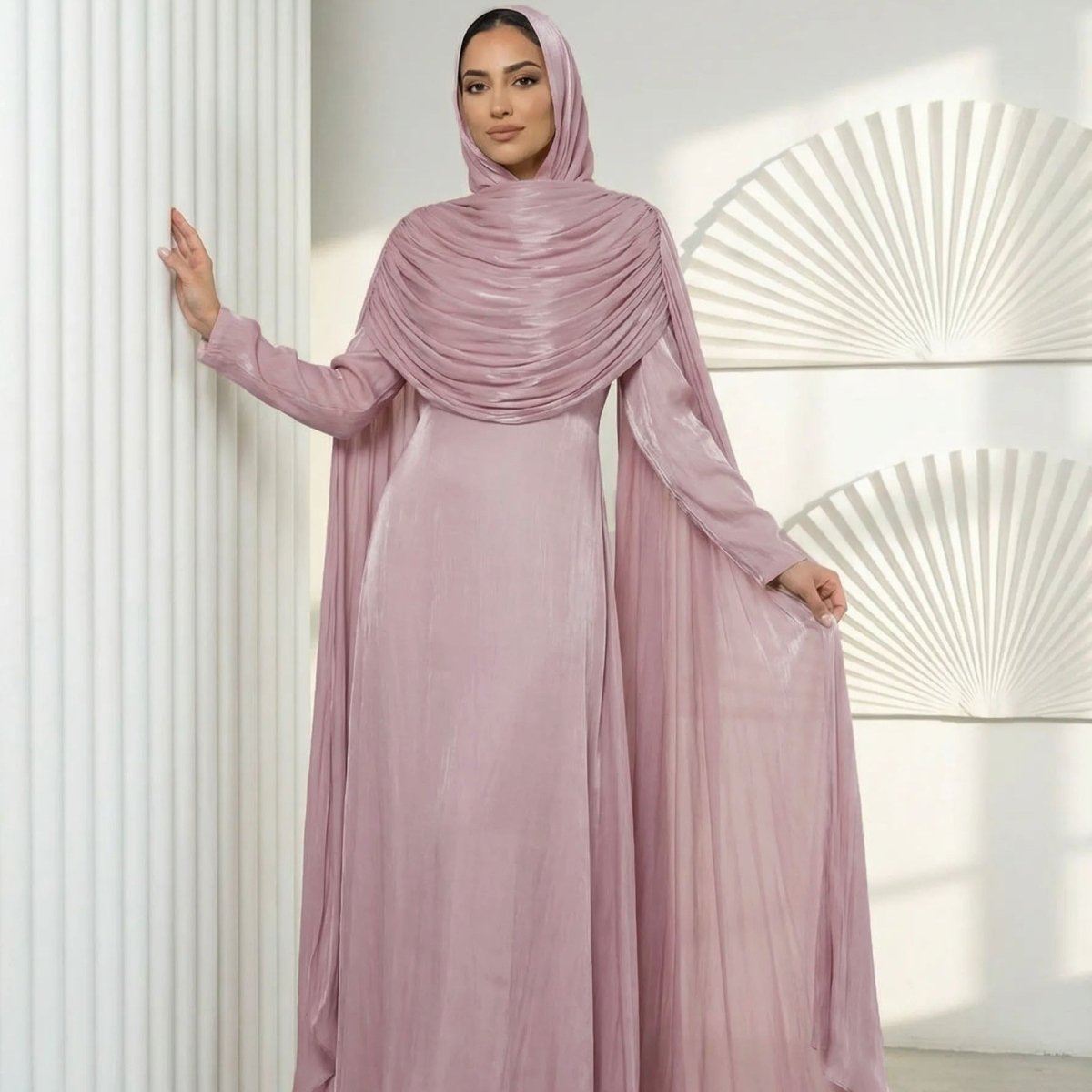 Shimmer Island Silk Cape Sleeve Abaya Dress with Matching Hijab(MA429) - Mariam's Collection
