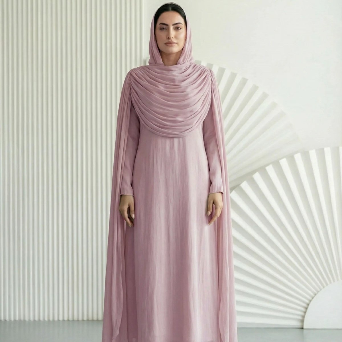 Shimmer Island Silk Cape Sleeve Abaya Dress with Matching Hijab(MA429) - Mariam's Collection