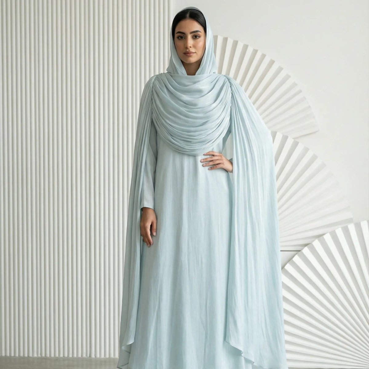 Shimmer Island Silk Cape Sleeve Abaya Dress with Matching Hijab(MA429) - Mariam's Collection