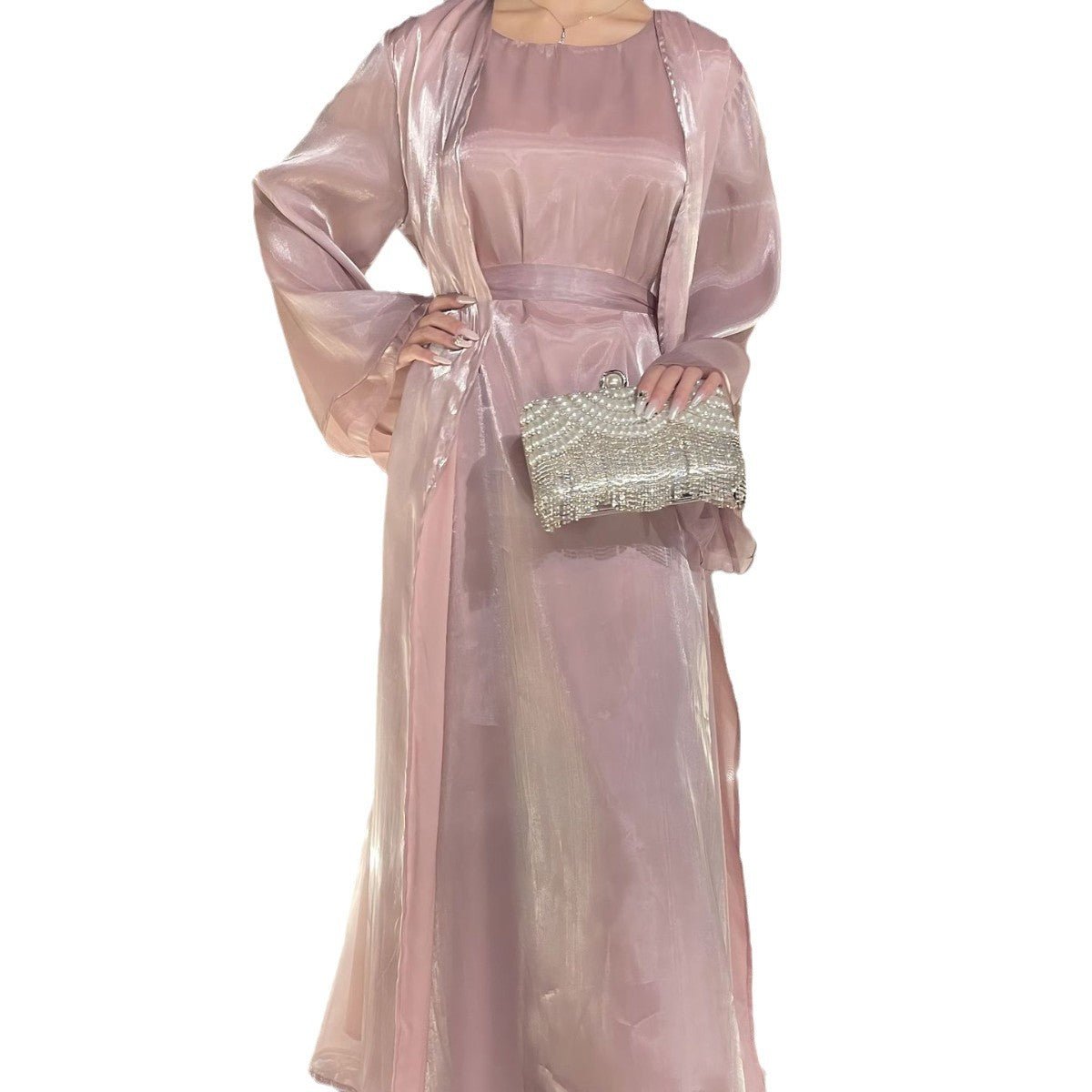 Shimmer Silk Abaya Set | Two - Piece Modest Maxi Dress with Cardigan(MOA259) - Mariam's Collection
