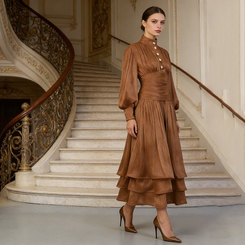 brown dress with ruffles at the bottom Shimmer Tiered Ruffle Pearl Buttons(MS322), Coffee / L COLOR:Hunter MODERN-FORMAL tie front detail at Artisanal Dresses Summer Beach