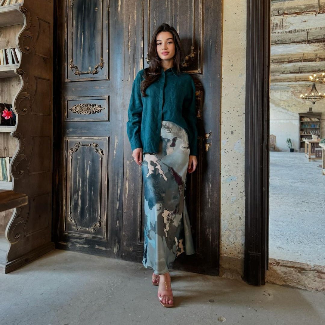 Shirt & Abstract Print Skirt Set | Collared Blouse Two - Piece Outfit(MS260) - Mariam's Collection